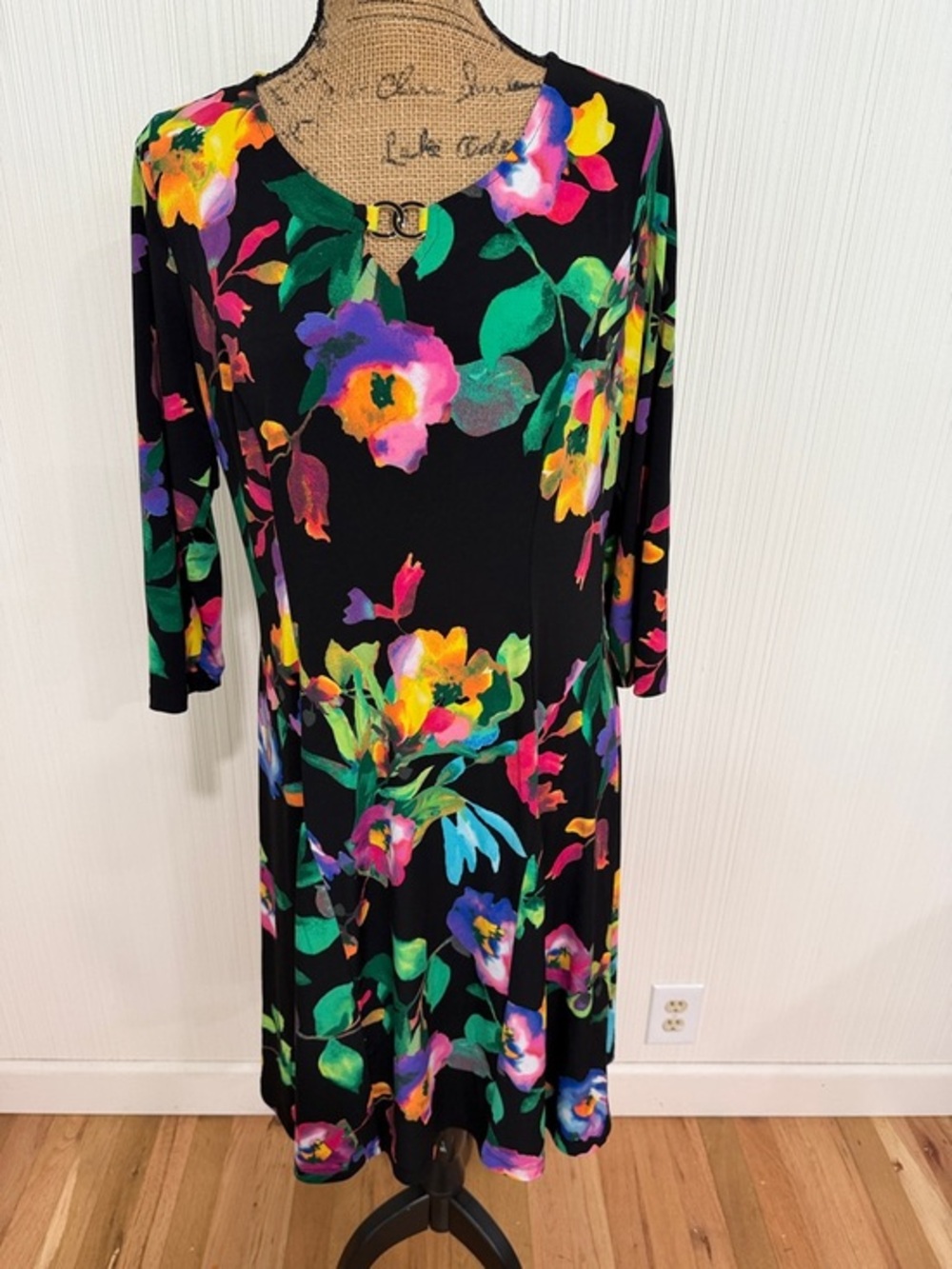 Susan Graver Black Floral Long Sleeve Midi Dress with Multicolor Bloom